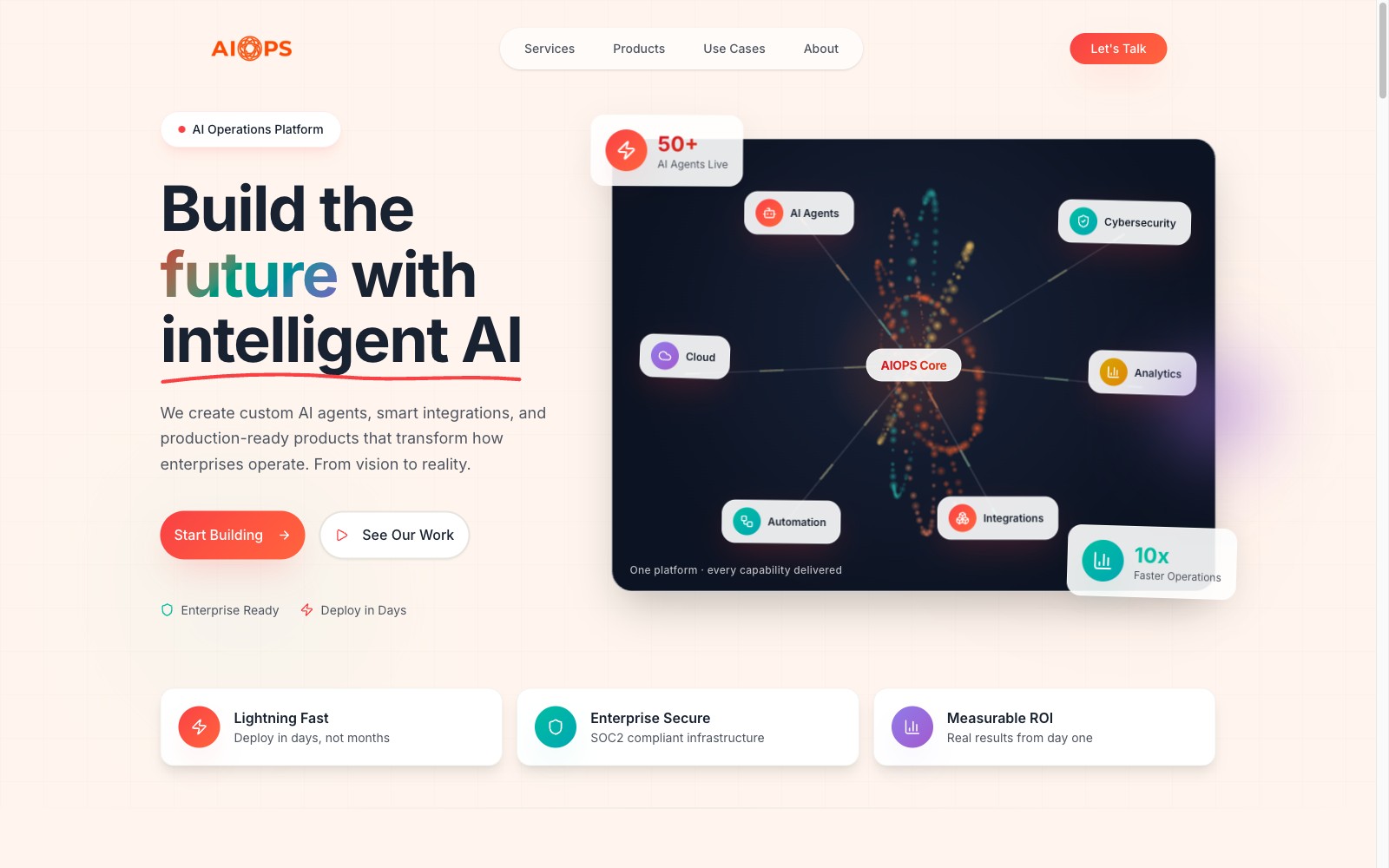 aiops.ae homepage — enterprise AI operations platform with live agent network visual